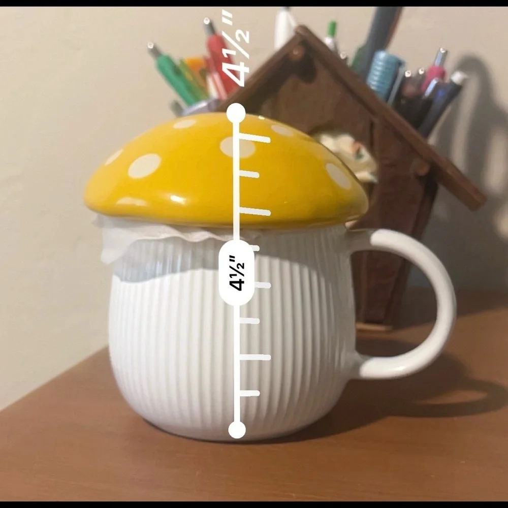 World Market Mushroom Lidded Ceramic Coffee Tea Mug Yellow White Polka Dot NWT
